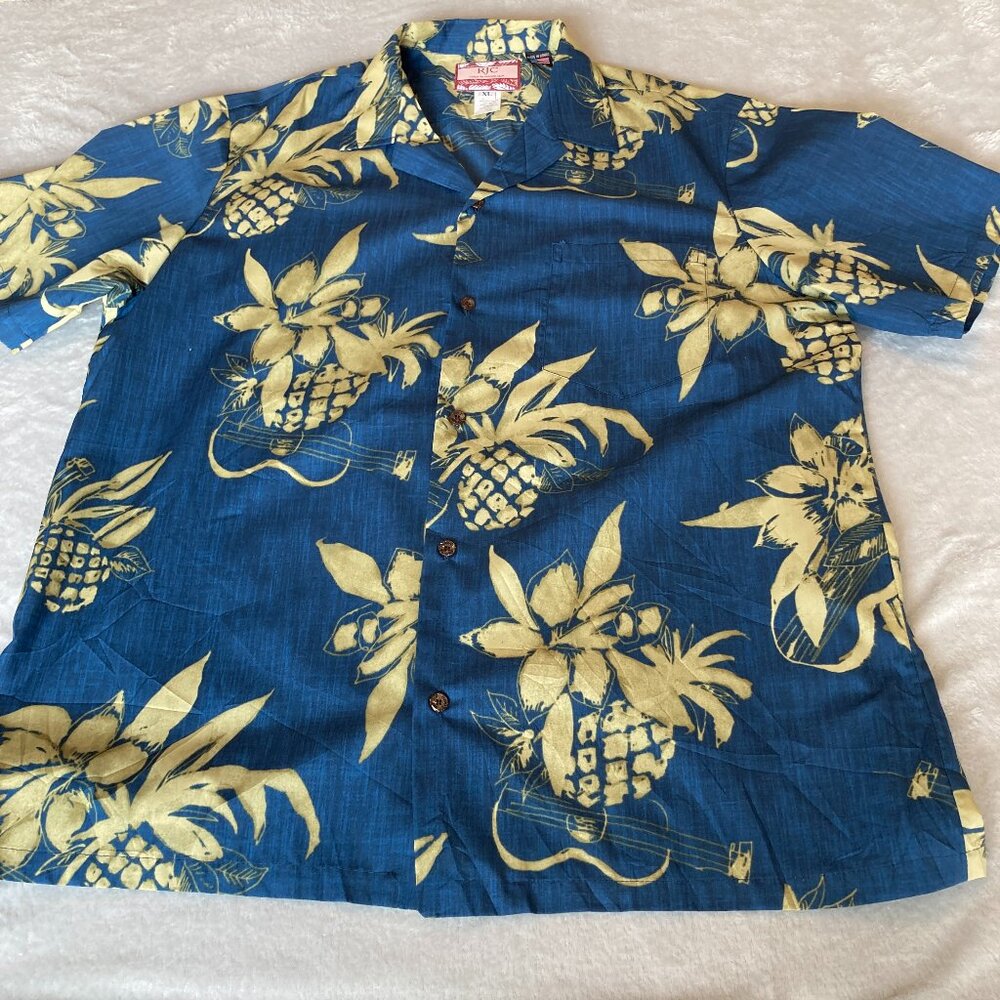 RJC Hawaii Men's XL Pineapple Ukulele Print Blue Aloha Button-Up XL EUC